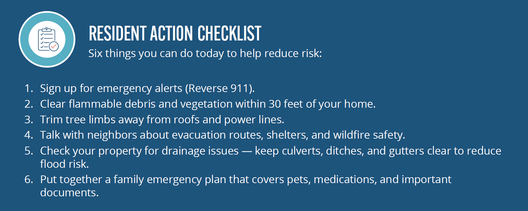 Resident Action Checklist with six steps: sign up for alerts, clear vegetation, trim trees, discuss evacuation plans, maintain drainage, and make a family emergency plan.